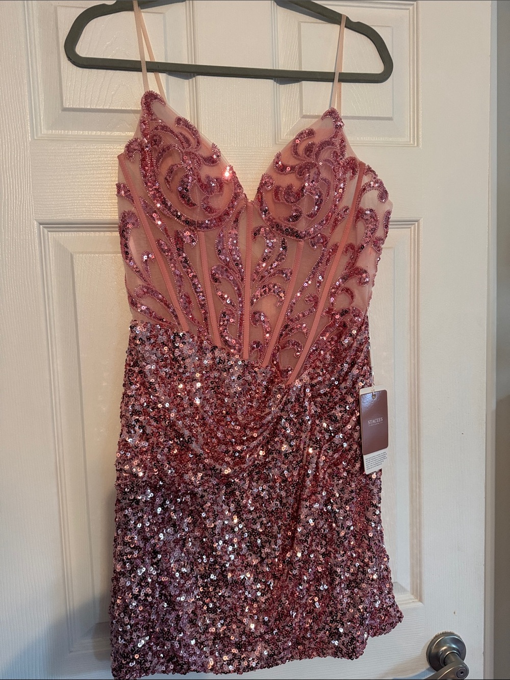Rose Pink Sequin Mini Dress with Sheer Embellished Bodice